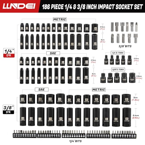 LLNDEI 1/4 & 3/8" Drive Impact Socket Set 186Pcs SAE/Metric - size: 186-Piece 1/4" & 3/8" Drive Socket Set
