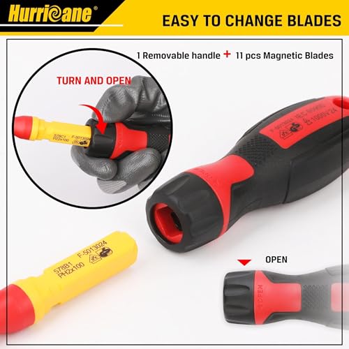 HURRICANE 13 Piece 1000V Insulated Electrician Screwdriver Set, Cr-V Magnetic Tip. 4 slotted, 2 Phillips, 2 Pozidriv, 3 Torx, 1 Electroprobe, and 1 handle. Ideal for Professional & Home Repair - size: 13 Piece Basic Insulated Screwdriver Set