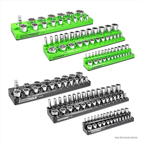 OEMTOOLS 6-Pc Metric & SAE Magnetic Socket Tray Set Holds 143 Sockets | Magnetic Socket Organizer Tray, Non-Marring Rubberized Base, Clearly Marked Sizes, 1/4, 3/8, 1/2 Inch Sockets - style: Black and Green