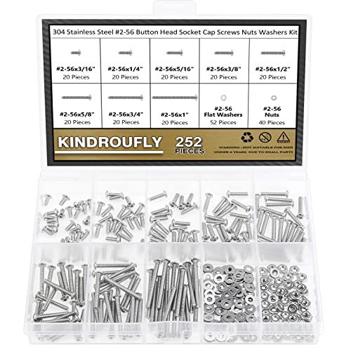 252 Pieces #2-56 x 3/16", 1/4", 5/16", 3/8", 1/2", 5/8", 3/4", 1", Button Head Socket Cap Screws Nuts Washers Assortment Kit, 304 Stainless Steel, Fully Machine Thread - size: #2-56, style: Button Head