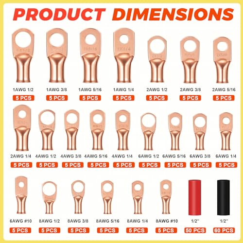 220 Pcs Battery Cable Ends Kit Battery Terminal Connectors with 110 Pcs Awg 1 2 4 6 8 1/0 2/0 Gauge Heavy Duty Copper Wire Lugs Kit Lugs Ring Terminals Gauge with 110 Items 3: 1 Heat Shrink Tubing
