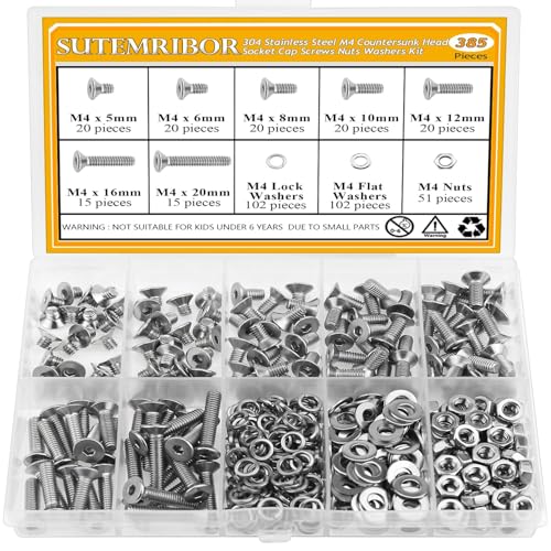 385 Pieces M4 Screws Nuts Washers Set, Sutemribor M4 x 5/6/8/10/12/16/20mm Countersunk Head Socket Cap Screws Nuts Washers Assortment Kit, 304 Stainless Steel, Fully Threaded - size: M4, style: Countersunk Head Socket Cap
