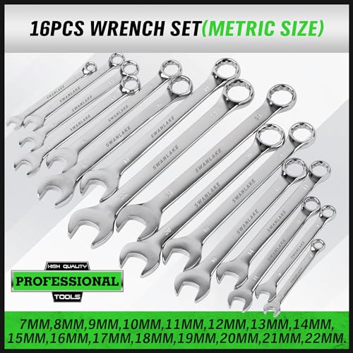 SWANLAKE 32-Piece Combination Wrench Set, SAE and Metric, 1/4"-1" & 7mm-22mm, 12 Point, Chrome Vanadium Steel - style: 32-Piece Combination