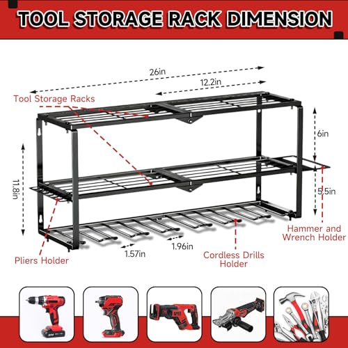 Power Tool Organizer Wall Mount, 150Lbs 3 Layer Metal Tool Storage Rack with 7 Cordless Drill Holder Heavy Duty, Battery Drills Storage Tool Organizer for Workshop,Garage,Tool Room,Pegboard - color: Without Charging Station, size: 3-Tiers,7 Slots