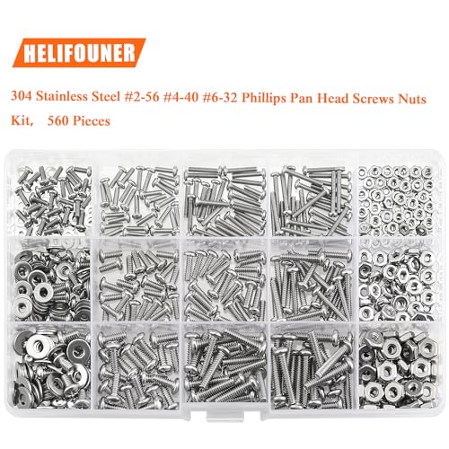 HELIFOUNER 560 Pieces #2-56#4-40#6-32 Phillips Pan Head Machine Screws Nuts Washers Assortment Kit, Coarse Thread, Fully Machine Threaded, 304 Stainless Steel - size: #2-56 / #4-40 / #6-32, style: Phillips Pan Head