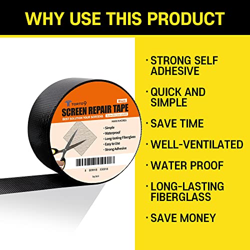 TORTO9 Window Screen Repair Kit, 3-Layer Strong Adhesive & Waterproof Tape Fiberglass Covering mesh (Black, 2 Inch x 6.5 FT) - color: Black, size: 2 Inch x 6.5 FT