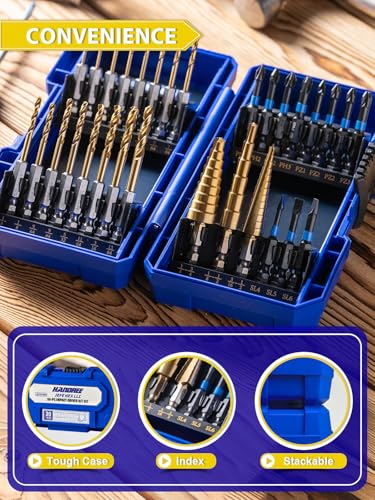 Handree 30pcs Impact Bit Set, Screwdriver Bit Set 11pcs, Hex Shank Drill Bit Set 16pcs, Step Drill Bit 3pcs, High Speed Steel Materialand Titanium Coating, S2 Alloy Steel Bits with Index Box - size: Assorted Bits (30 pcs)