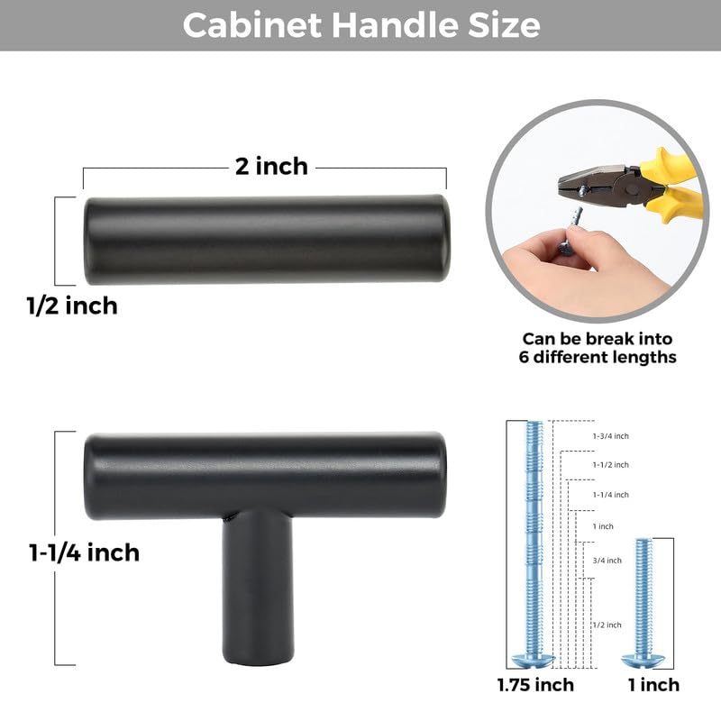 3 Pack Black Cabinet Knobs, 2in Length T Bar Drawer Pulls | Single Hole Grip, Stainless Steel Build, Kitchen Cabinet Restyle, For Drawers, Dressers, Cupboards, Closet Doors - color: Matte Black, size: 3 Pack, style: T Bar