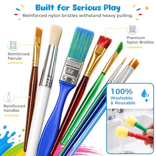 BigOtters 45PCS Kids Paint Brushes Set with Spill Proof Cups & Palettes