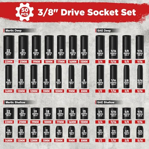 3/8" Drive Impact Socket Set, 50 Piece Standard SAE (5/16 to 3/4 inch) and Metric (8-22mm) 6 Point, with Adjustable Ratchet Handle, Extension Bars, Impact Universal Joint, Adapter, Cr-V Steel - color: 3/8-50pcs