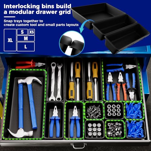 70 PCS Tool Box Organizer Tray & Desk Drawer Organizer Set, 5 Size Interlocking Bins for Garage Tool Storage, Mechanic Tool Chest, Rolling Cart, Workbench Drawers with EVA Non Slip Pads - color: 70PCS_5SIZE_Black