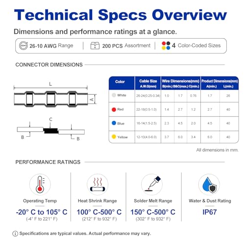 200 Pcs Heat Shrink Solder Seal Wire Connectors Kit, Waterproof Electrical Butt Splice Connectors for Marine, Automotive, Trailer, RV, Boat and Truck Wiring