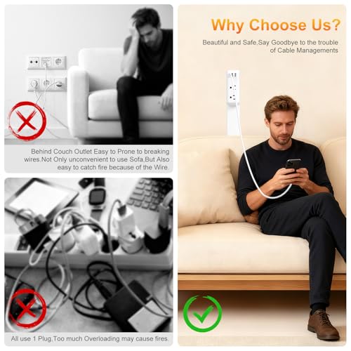 Outlet Extender, Electrical Outlet Extender Stick 22-34" Extendable 180° Rotating Wall Charger, EDIEBE USB C Power Socket Expander with 2 AC, 2 USB-A & 1 USB-C for Home Office Behind Couch