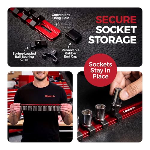Olsa Tools 3/8-Inch Socket Organizer Rail with Locking Caps, Red - color: Red, size: 3/8-Inch Drive