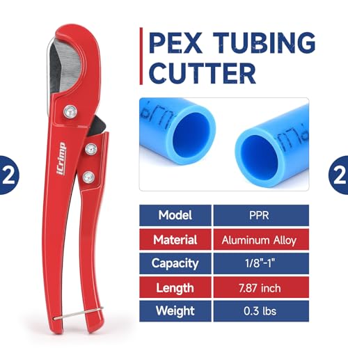 iCrimp KIT-BJ02 PEX Crimping Tool Kit with PEX Clamps, PEX Pipe Cutter, One-Handed PEX Clamp Tool for Cinching 3/8-in, 1/2-in, 3/4-in, 1-in PEX Clamps, Cinch Only