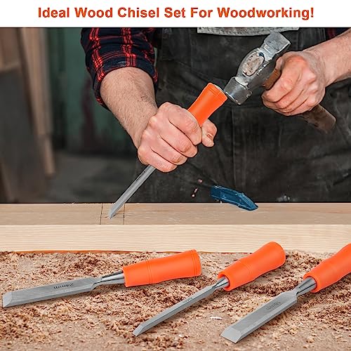 4 Piece Wood Chisel Sets Woodworking Tools Set, Wood Chisels for Woodworking with Steel Hammer End, Wood Tools Chisel Set Woodworking with Ergonomic Plastic Handle, 6mm, 12mm, 18mm, 24mm - size: 4 Pack