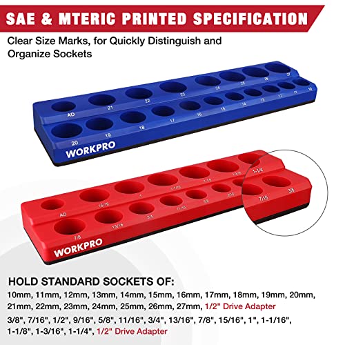 WORKPRO 1/2-inch Magnetic Socket Organizer Set, 2-Piece SAE & Metric Magnetic Socket Holders, Holds 35 Standard Sockets for Tool Box, Tool Carts (Sockets Not Included) - size: 1/2" SAE&Metric