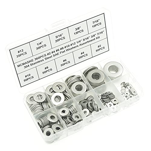 360PCS #2 to 7/16" 304(18-8) Stainless Steel SAE Flat Washers Assortment Kit,for #2#4#6#8#10#12 1/4" 5/16" 3/8" 7/16" Screws/Bolts