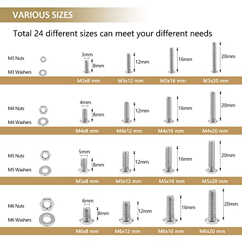 814 Pieces Button Head Socket Cap Screws Nuts Washers Kit, Kindroufly M3 M4 M5 M6 Screw Assortment Kit, Metric Screw Set, Bolts and Nuts, Machine Screws, 304 Stainless Steel, Fully Machine Thread - size: M3/M4/M5/M6, style: Button Head