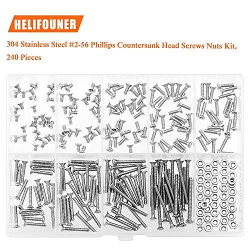 HELIFOUNER 240 Pieces #2-56 Phillips Countersunk Head Machine Screws Nuts Assortment Kit, Coarse Thread, Fully Machine Threaded, 304 Stainless Steel - size: #2-56