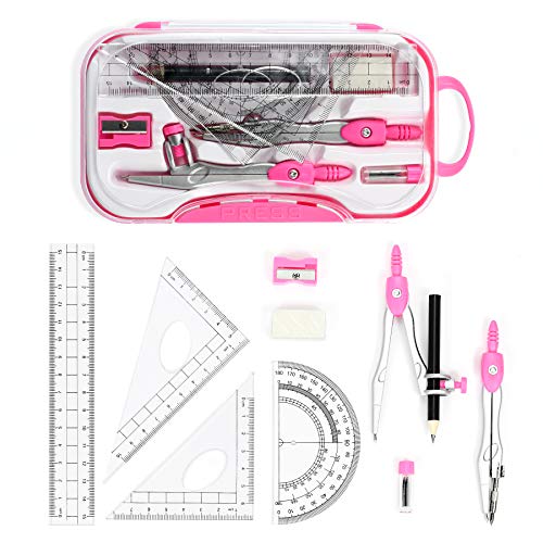 Unjoo Geometry Set 10 Pcs Student Supplies, Protractor and Compass (Pink） - color: Red