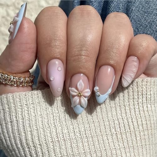 LPOODDNU Almond Flower Pearl Press on Nails - Medium 3D Fake Nails with French Tip Designs, Glossy Finished Reusable False Nails with Double Adhesive Glue Tabs - 24Pcs Nail Kit for Women Manicure - color: blue french tip flower