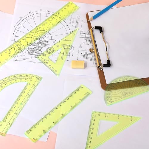 Tenare 6 Pcs Math Geometry Ruler Set, Protractor Triangle School,Yellow - color: Yellow