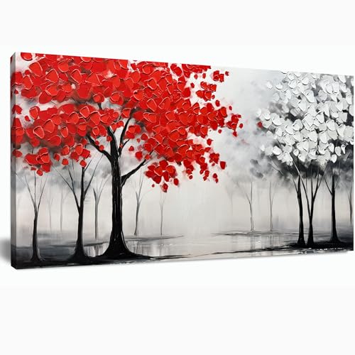 AUUZAIUA Large Canvas Wall Art Red and White Misty Forest Painting 20"x40" - size: 20"L x 40"W
