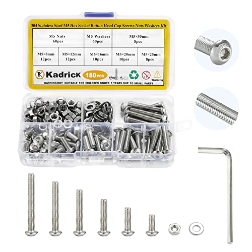 KADRICK 180PCS M5 Screw Kit,Hex Socket Button Head M5 Bolts 8mm-30mm - size: SS M5 180Pcs 10-30mm