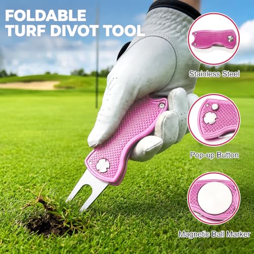 Golf Towel for Women with Club Brush & Divot Tool – 16"x24" Tri-Fold Waffle Microfiber Towel, Retractable Club Groove Cleaner & Divot Repair Tool, Golf Accessory Kit for Female Golfers (Pink) - color: Pink