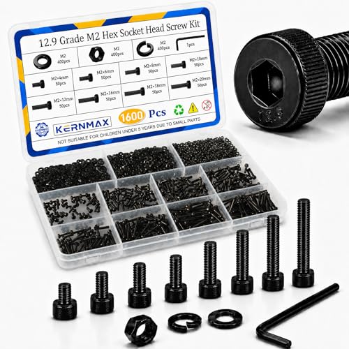 1600PCS M2 Screws Kit, M2x4/6/8/10/12/16/18/20mm Hex Socket Head Metric Tiny Screws, Nuts & Washers Kit, 12.9 Grade Black Oxide M2 Bolts for 3D Printer, DIY, Drone - size: M2 1600pcs