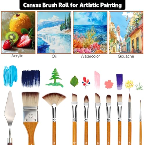 Halobios 25pcs Paint Brush Set, Professional Paint Brushes with Canvas Roll and Palette Knife, Acrylic Paintbrush Kit for Artist,Watercolor,Oil,Gouache