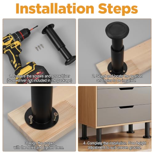 4Pcs Adjustable Furniture Legs 4.7-7.1 inch, Black Metal Adjustable Telescopic Cabinet Leg with 65mm Dome Basefor Sofa/Bed/Chair/Couch, Heavy Duty Bed Replacement Support Legs for Bed Frame