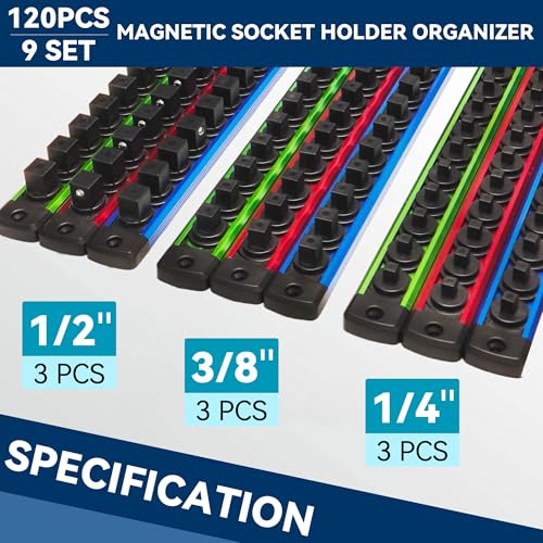 Magnetic Socket Holder Organizer 1/4" 3/8" 1/2" Socket Rail with 120 Clips