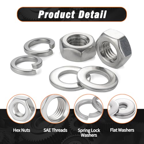 #1/2-13 Nuts and Washers Assortment Kit, Hex Nut Spring Washer Flat Washer | 24pcs 304 Stainless Steel Assorted Washers with Nuts for Screws Bolts, SAE - color: steel gray, size: SAE 1/2-13