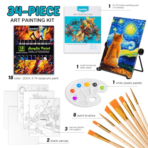 koseibal Acrylic Paint Set for Kids & Adults, Art Supplies Kit with Canvas - color: 18 Acrylic Paints + Canvas