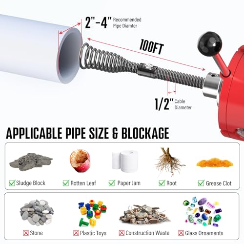 100 ft x 1/2 inch POPULO Auto Feed Electric Drain Snake Auger for 2 to 4 Inch Pipes, Sewer Plumbing Snake Auger, Heavy Duty Drain Cleaner Machine with 8 Cutters & 1 Root Killer & Gloves - style: 100ft x 1/2inch