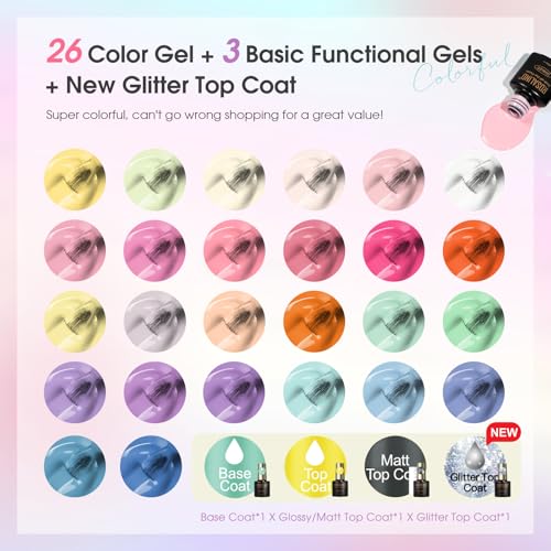 ROSALIND 30Pcs Gel Nail Polish Set, 26 Colors Macaron Pastel Gel Polish | with 3Pcs Glossy Matte Glitter Top Coat, Base Coat, Four Seasons Colors, Soak Off, UV Gel Nail Gift for Women - color: Multi-pastel