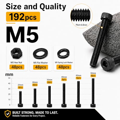 192PCS M5 Screws, M5x25/30/35/40/45/50mm Hex Socket Head Cap Bolts Nuts & Washers Set, 12.9 Grade Alloy Steel, Black Oxide, M5 Screw for Furniture & Repairs - size: M5 192pcs