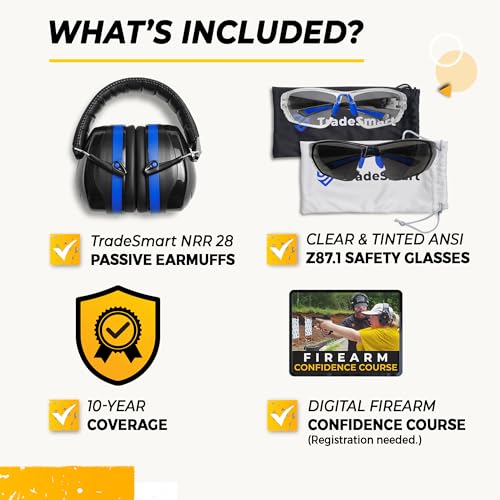 TradeSmart Shooting Ear Protection for Gun Range, NRR 28 Earmuffs & Eyewear - color: Clear+tint - Blue