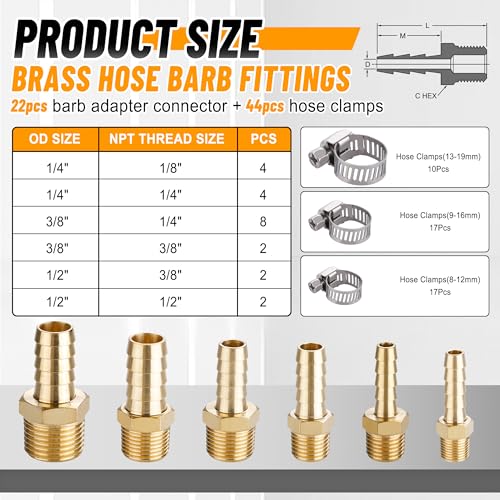 22Pcs Brass Hose Barb Fittings Male Pipe Adapter Kit with Clamps - size: 22pcs barb adapter