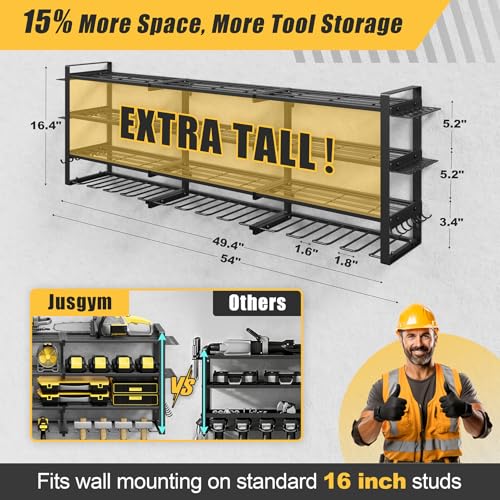 49''W Power Tool Organizer Wall Mount, 650LBS, 4 Tier, 12 Drill Holders - size: 49.4" Width 4-Tier