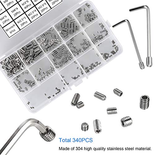 340Pcs M2.5, M3, M4, M5, M6, M8 Metric Hex Socket Head Cup Point Set Screws, Allen Head Grub Screw, Internal Hex Drive Headless Set Screw Assortment Kit with 6 Hex Wrenches, 304 Stainless Steel - color: Silver-340pcs Metric M2.5-M8 Cup Point Set Screw