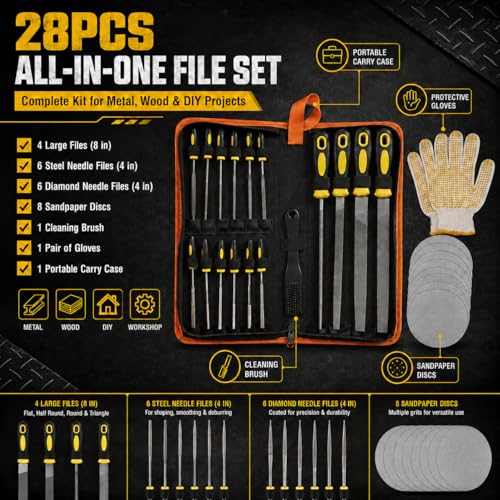 warmtree 28Pcs Metal File Set, Heavy Duty T12 Drop Forged Alloy Steel Files, Includes 4 Large Files, 6 Steel & 6 Diamond Needle File Set, 8 Sandpapers, Brush & Gloves, Metal Files for Wood, DIY