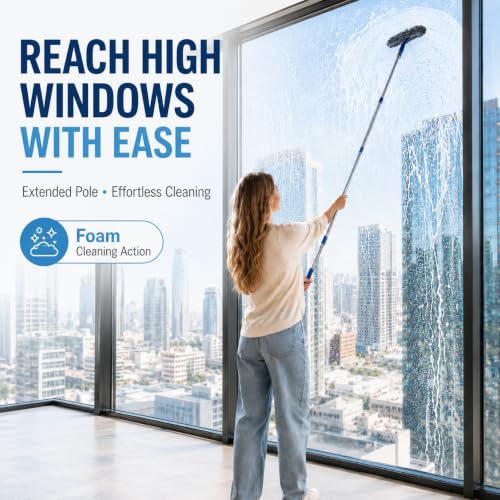 Window Squeegee with 75" Extension Pole, ITTAR Rubber Water Wiper for Glass - color: Blue&white-4