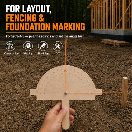Wooden Angle Finder Tool with Orange String Line, 12" x 10" Birch Plywood Angle Ruler Protractor, 5mm Degree Finder for Construction Layout, Fencing, Foundation Marking, Welding, Pipelining & DIY