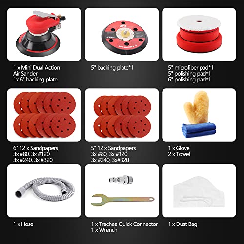 Random Orbital Sander 5" & 6" Pneumatic Palm Sander with Extra 5" Backing Plate, Sponge Polishing Pads, Sandpapers Low Vibration and Heavy Duty for Wood, Composites, Metal