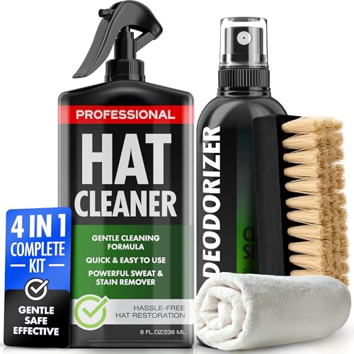 4-in-1 Professional Hat Cleaning Kit - Removes Dirt and Stains, Gentle Hat Cleaner for Baseball Caps, Fitted Cowboy, & Felt Hats, Complete Hat Cleaner with Hat Deodorizer, Brush & Microfiber Cloth