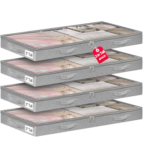 punemi Low-Profile Under Bed Storage Containers, 20 x 40 x 3 in, 4 Pack - color: Grey, size: 4 Pack-3 inch Tall-Soft