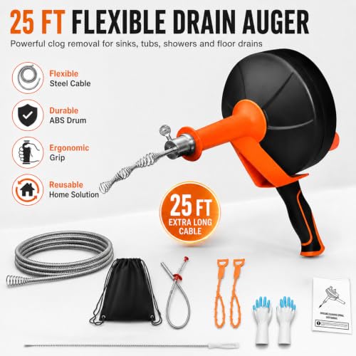 25FT Drain Auger with Drill Adapter, Plumbing Snake Clog Remover for Sinks
